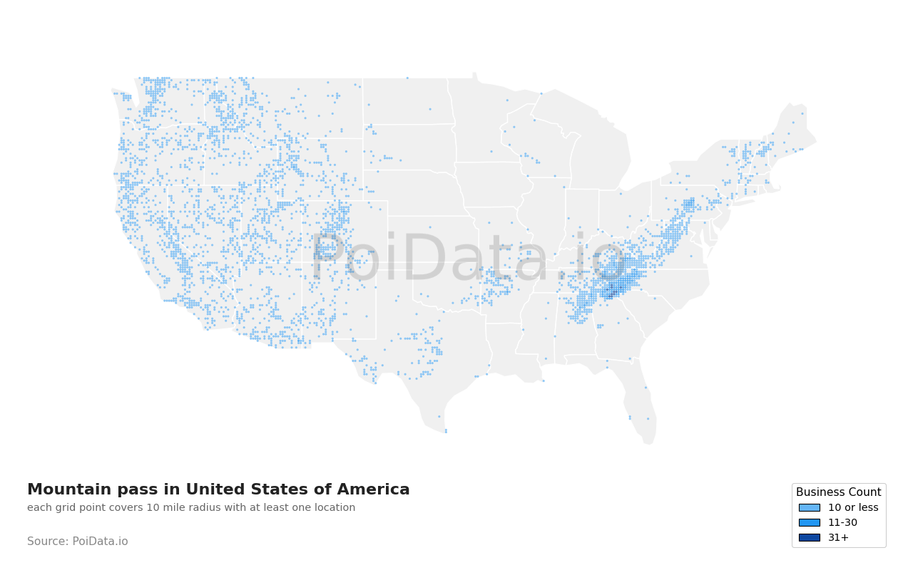 Mountain pass density map for United States