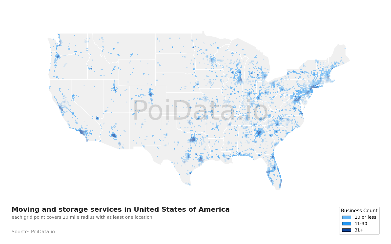 Moving and storage service density map for Florida, United States