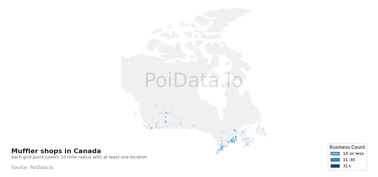 Muffler shop density map for British Columbia, Canada