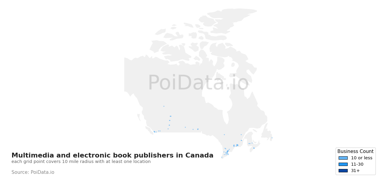Multimedia and electronic book publisher density map for New Brunswick, Canada