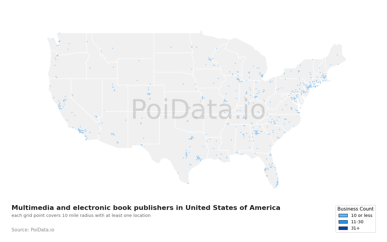 Multimedia and electronic book publisher density map for United States