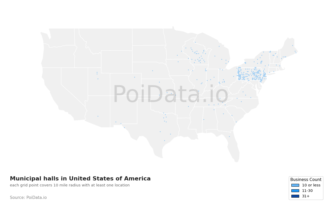Municipal hall density map for United States