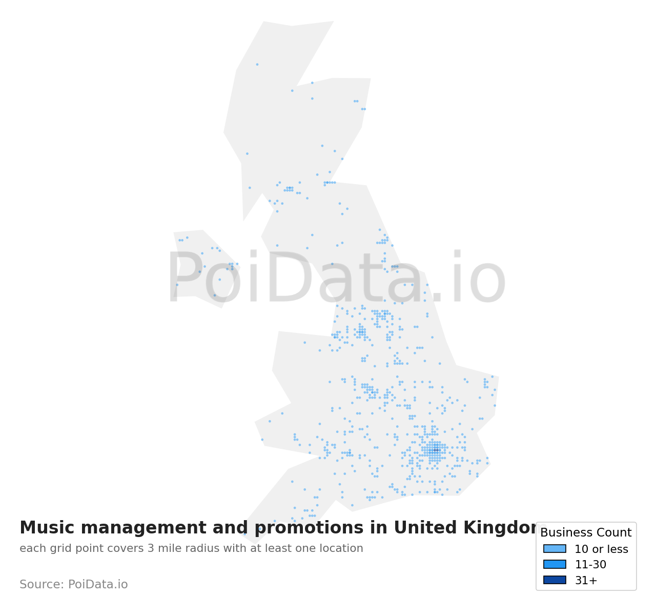 Music management and promotion density map for United Kingdom