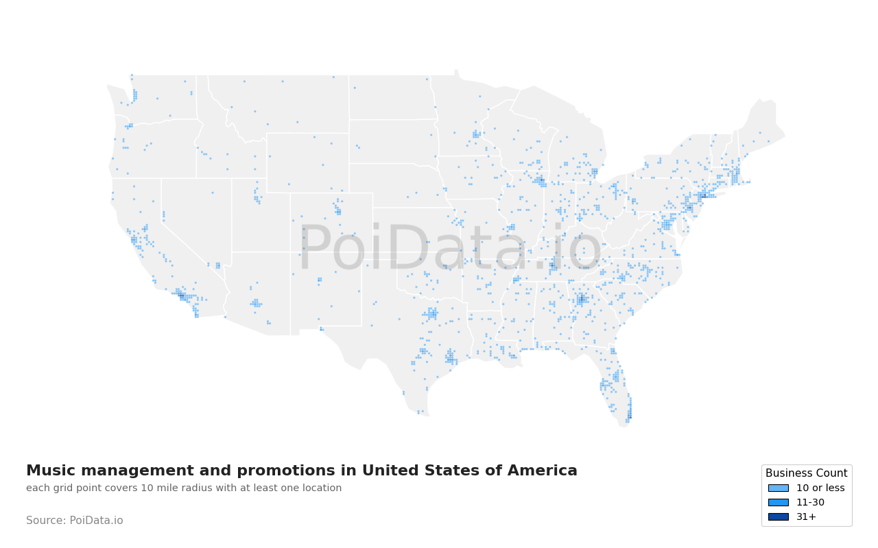 Music management and promotion density map for New York, United States