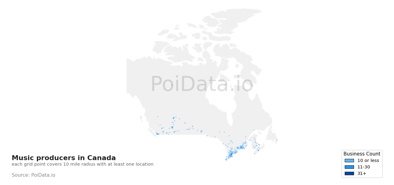 Music producer density map for Newfoundland and Labrador, Canada