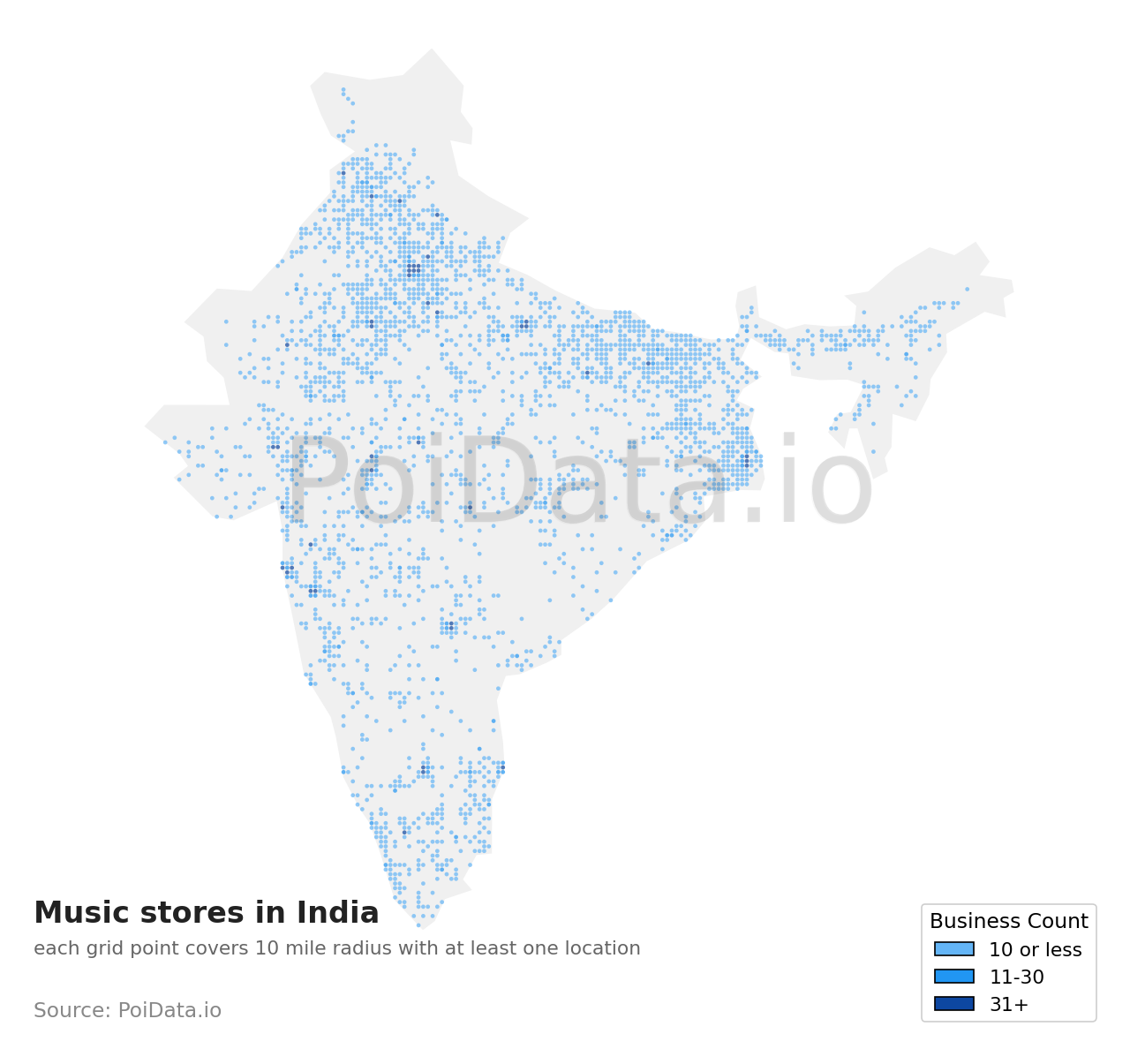 Music store density map for West Bengal, India