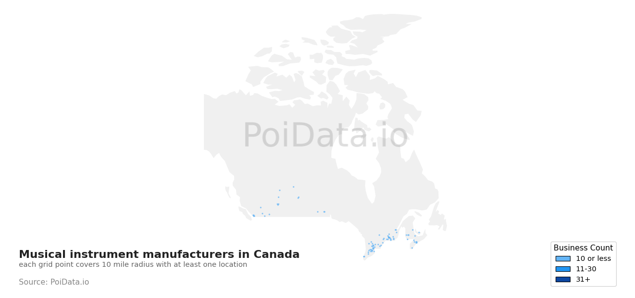 Musical instrument manufacturer density map for Canada