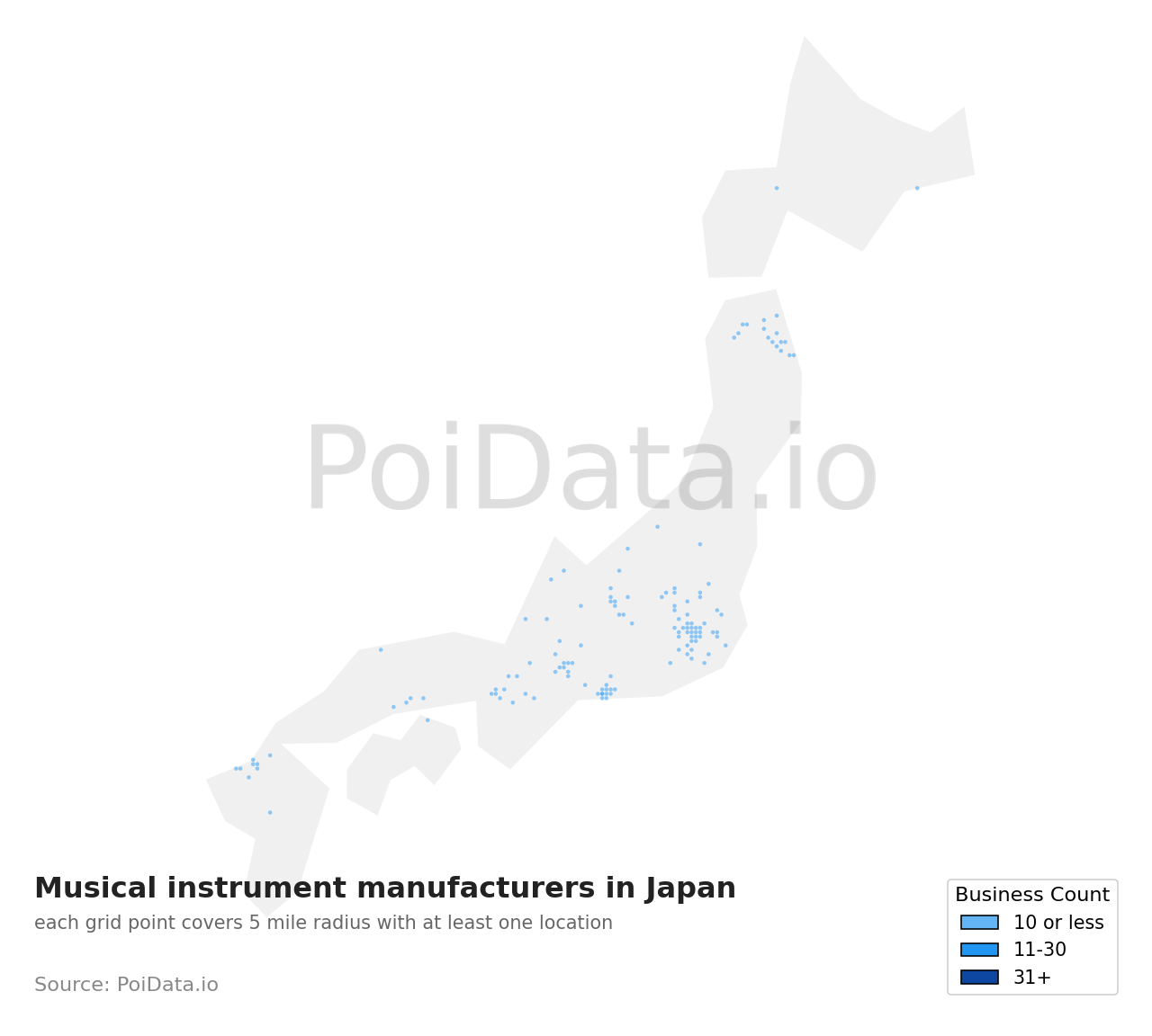 Musical instrument manufacturer density map for Japan