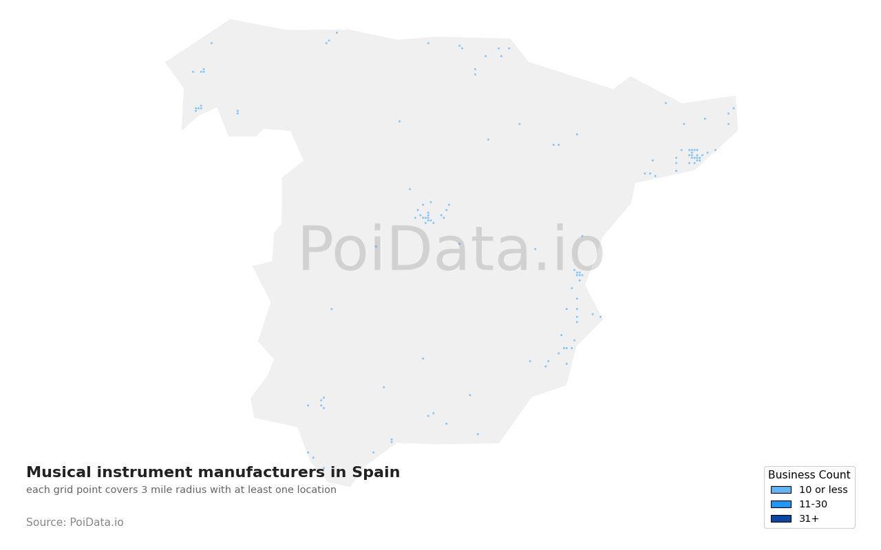Musical instrument manufacturer density map for Spain