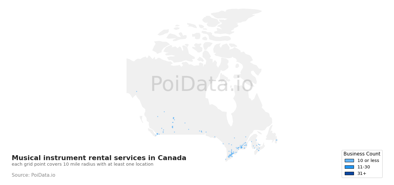Musical instrument rental service density map for Newfoundland and Labrador, Canada