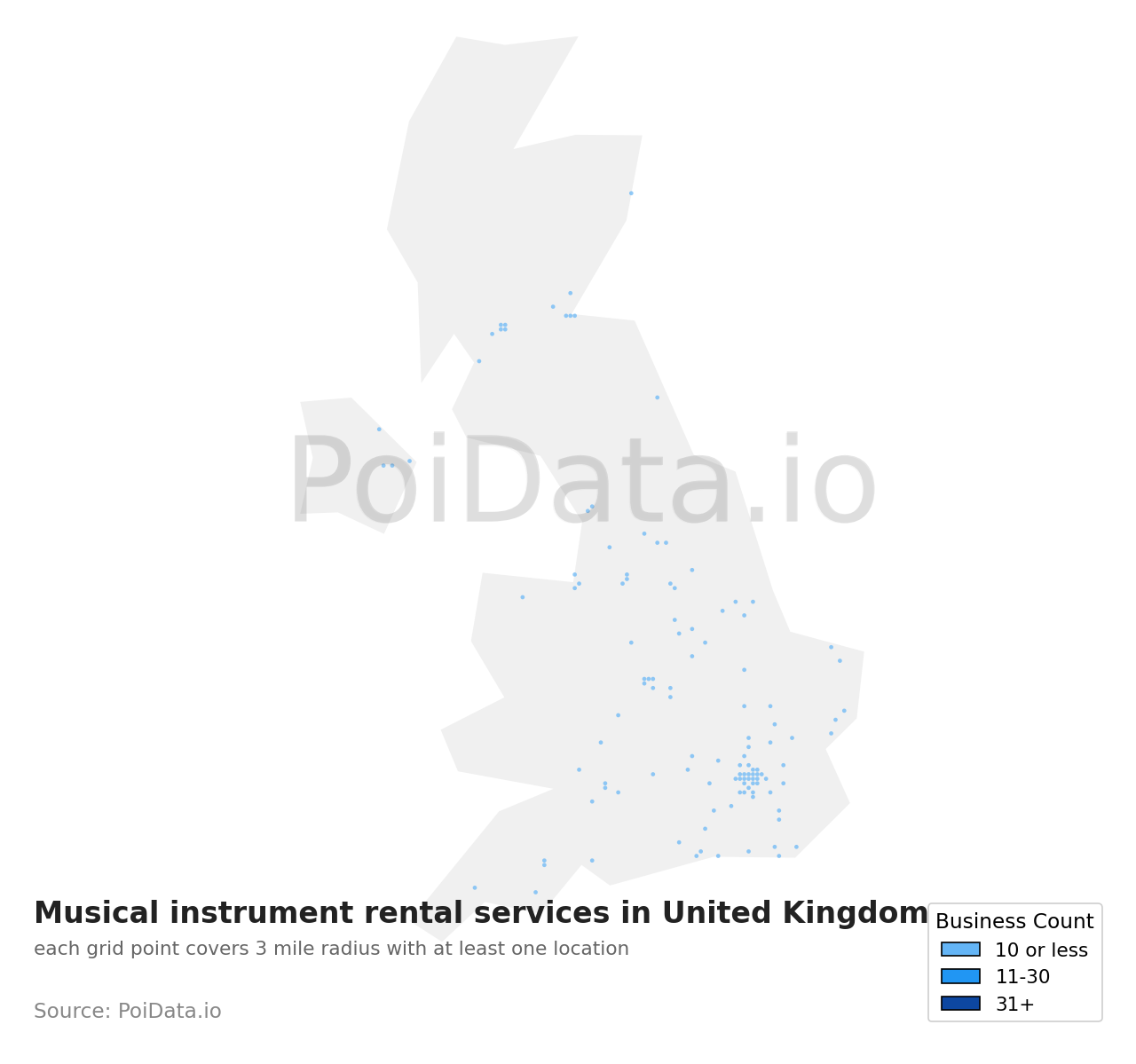 Musical instrument rental service density map for United Kingdom
