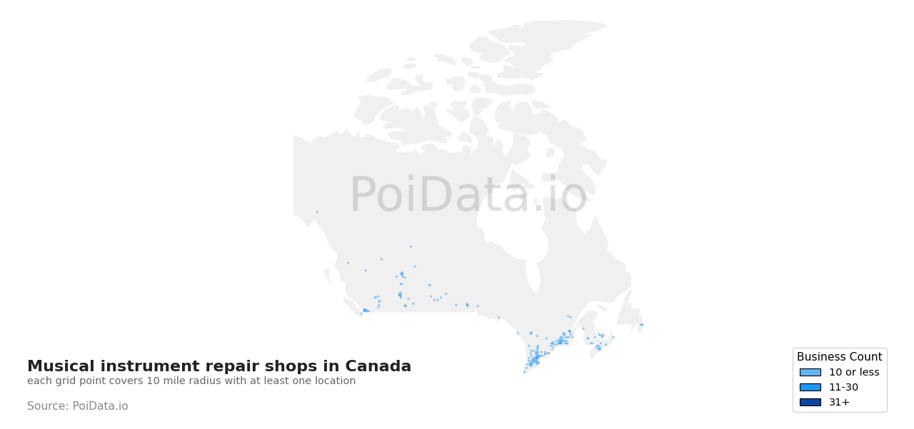 Musical instrument repair shop density map for Prince Edward Island, Canada