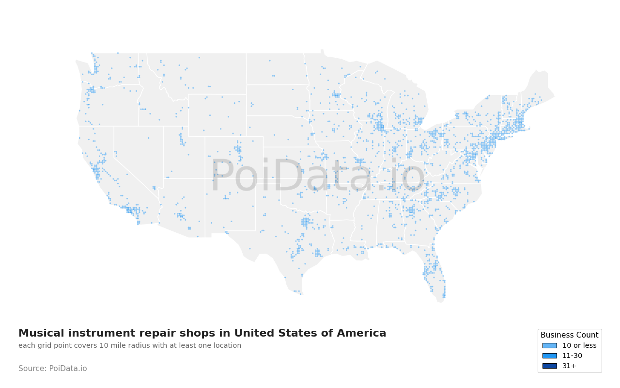 Musical instrument repair shop density map for United States