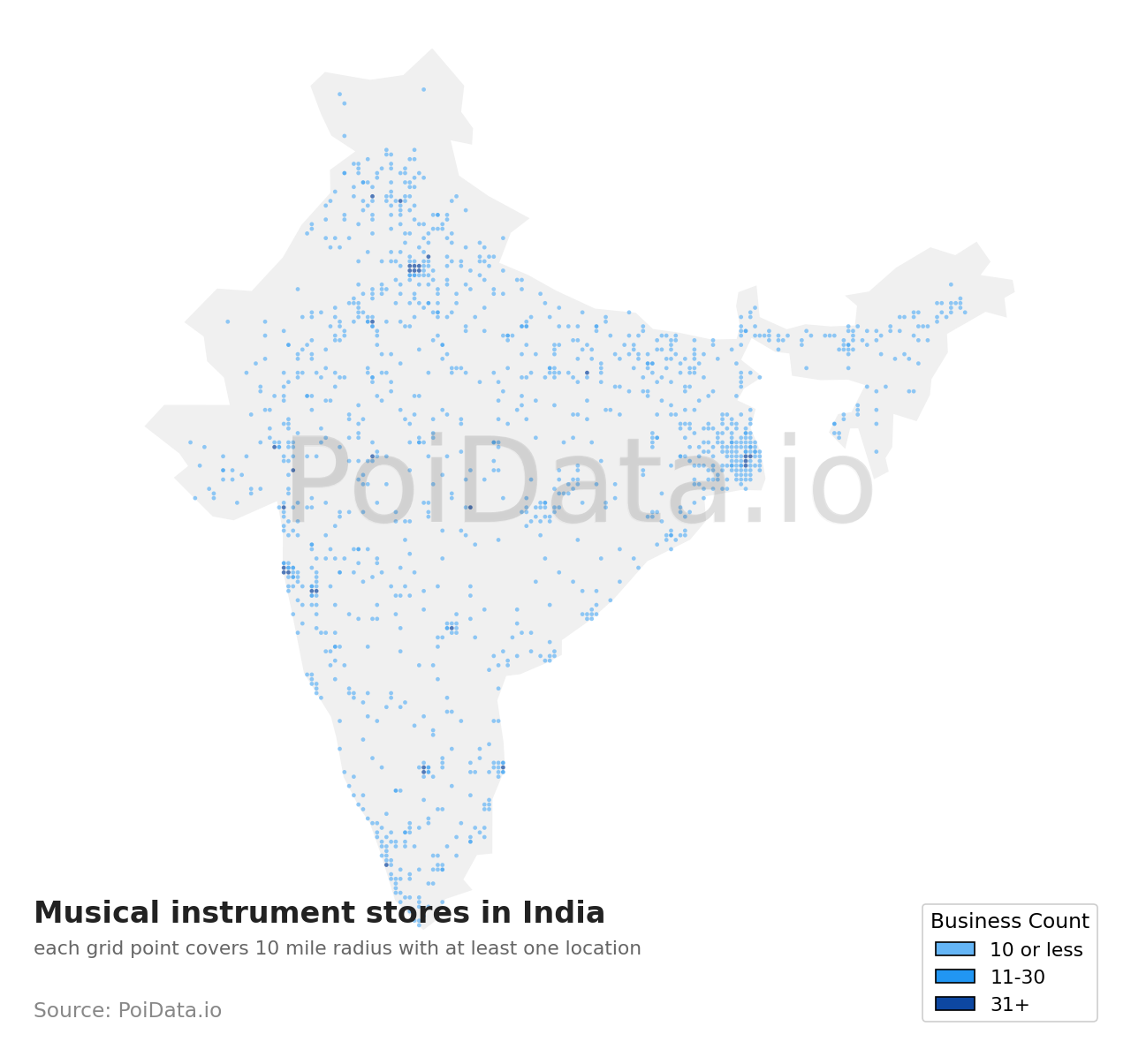 Musical instrument store density map for Tamil Nadu, India