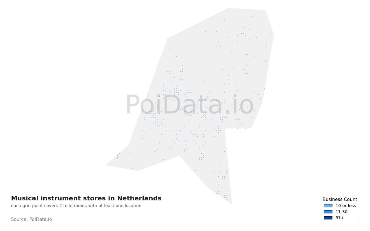Musical instrument store density map for Netherlands