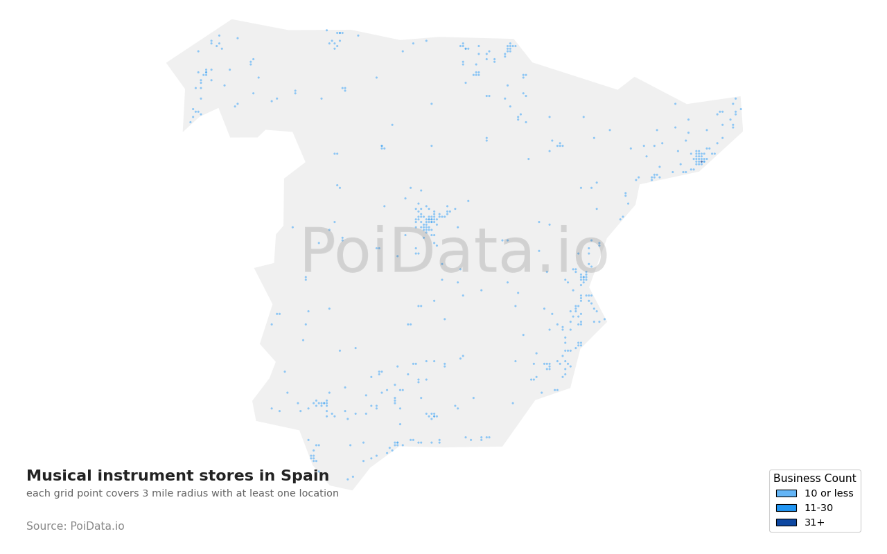 Musical instrument store density map for Spain