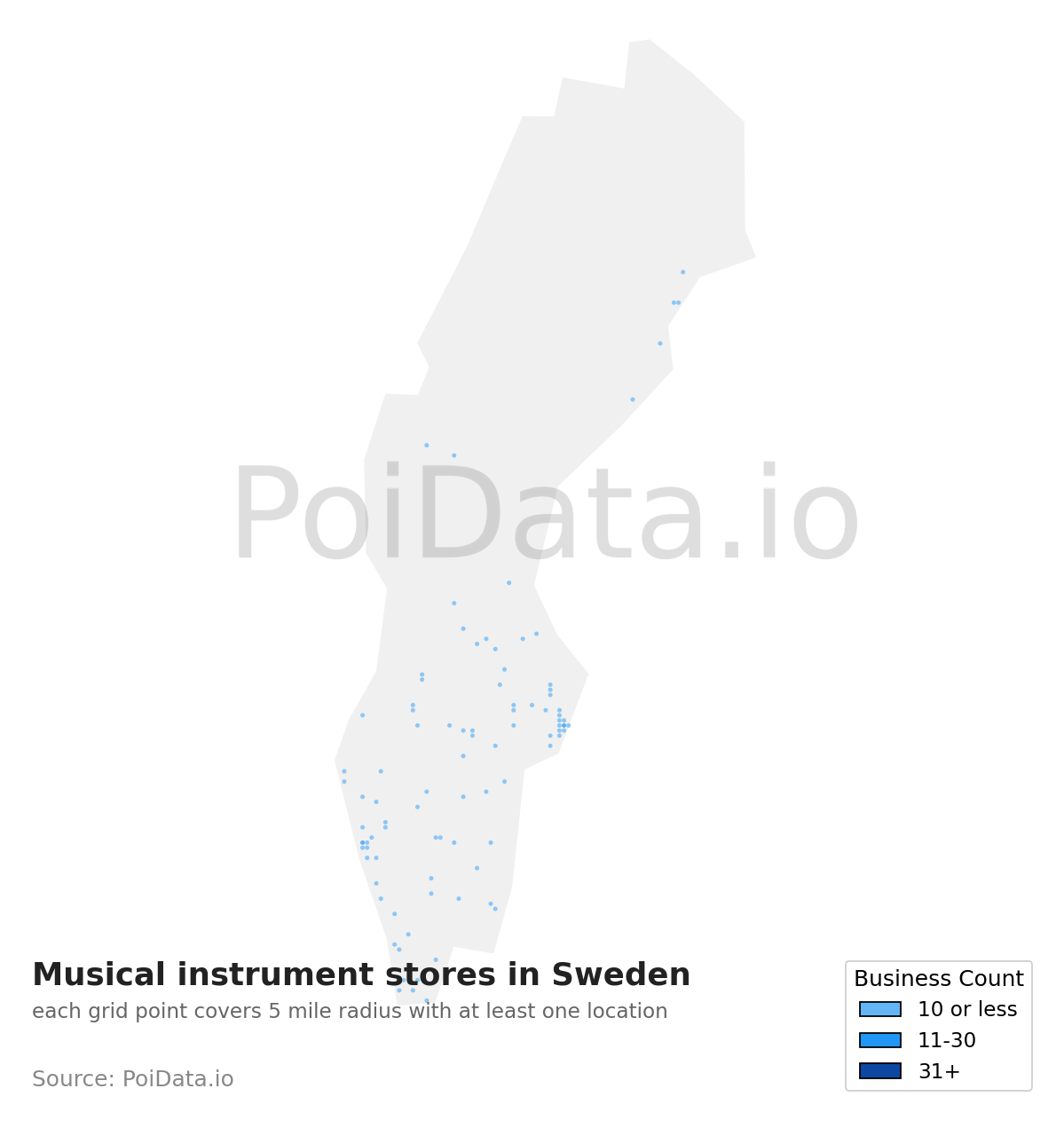 Musical instrument store density map for Sweden