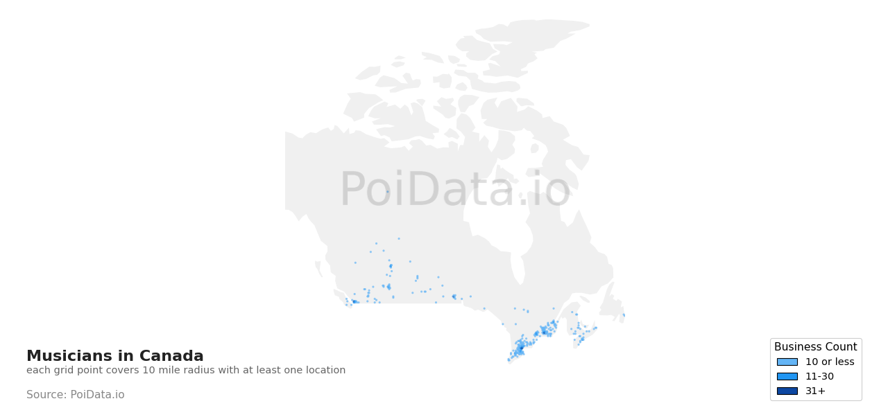 Musician density map for Nova Scotia, Canada