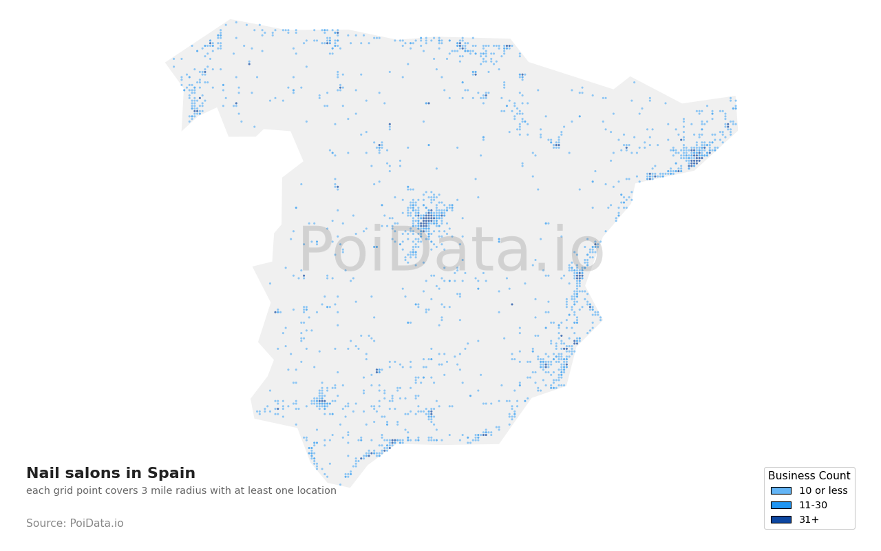 Nail salon density map for Spain