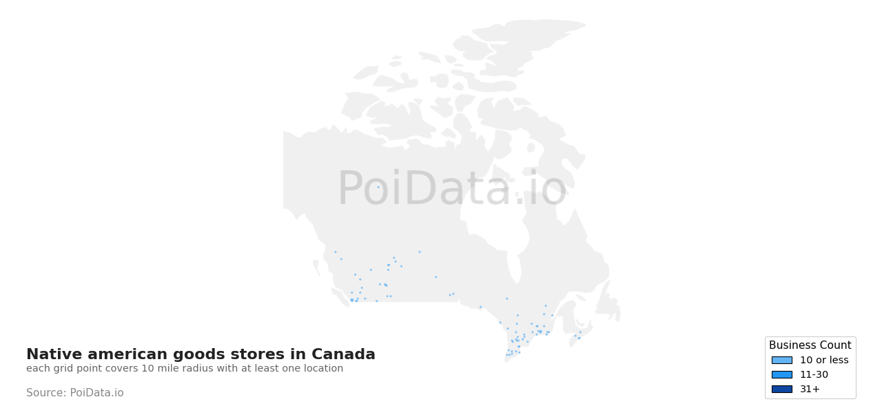 Native american goods store density map for Manitoba, Canada