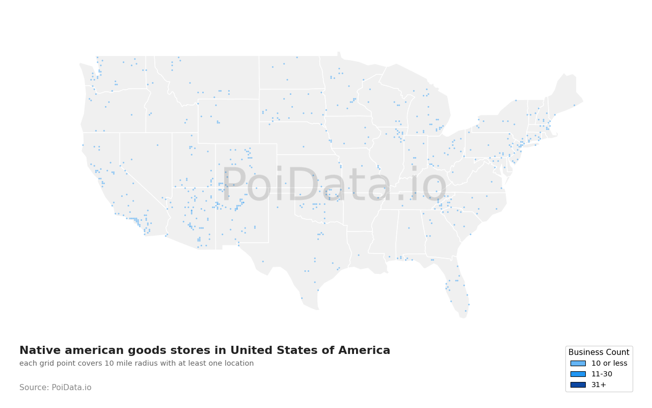 Native american goods store density map for Arizona, United States