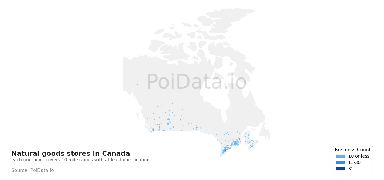 Natural goods store density map for Alberta, Canada