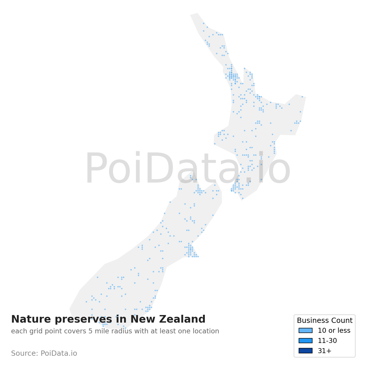 Nature preserve density map for New Zealand