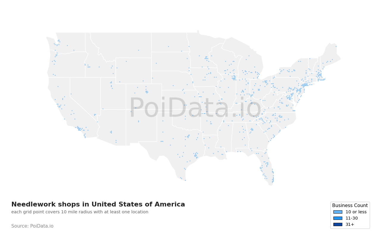 Needlework shop density map for United States