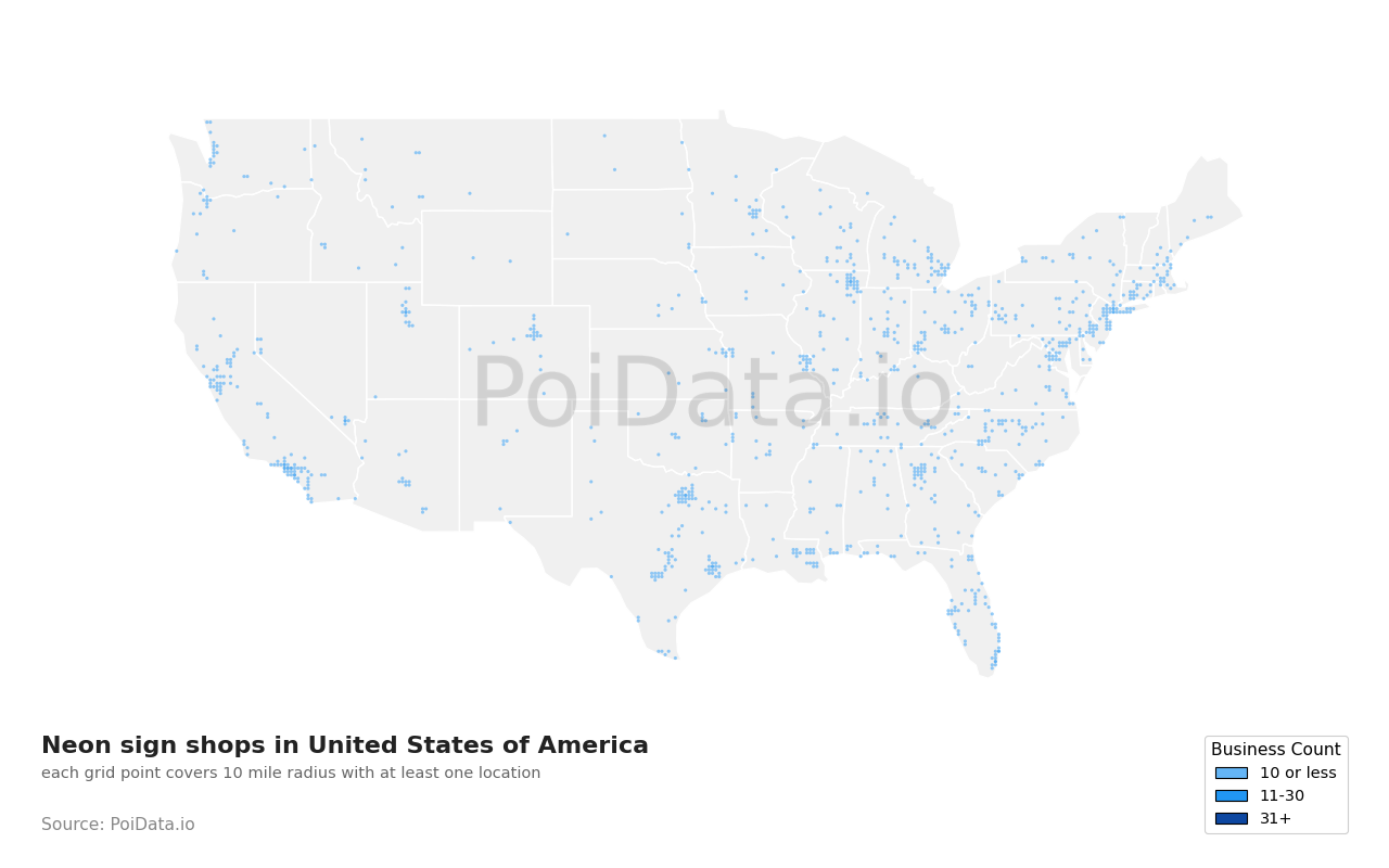 Neon sign shop density map for California, United States