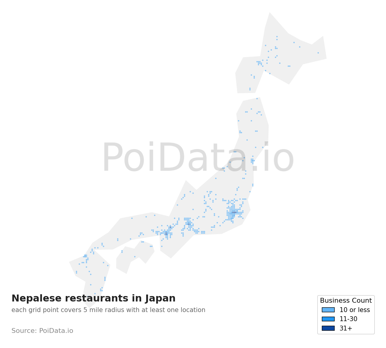 Nepalese restaurant density map for Japan
