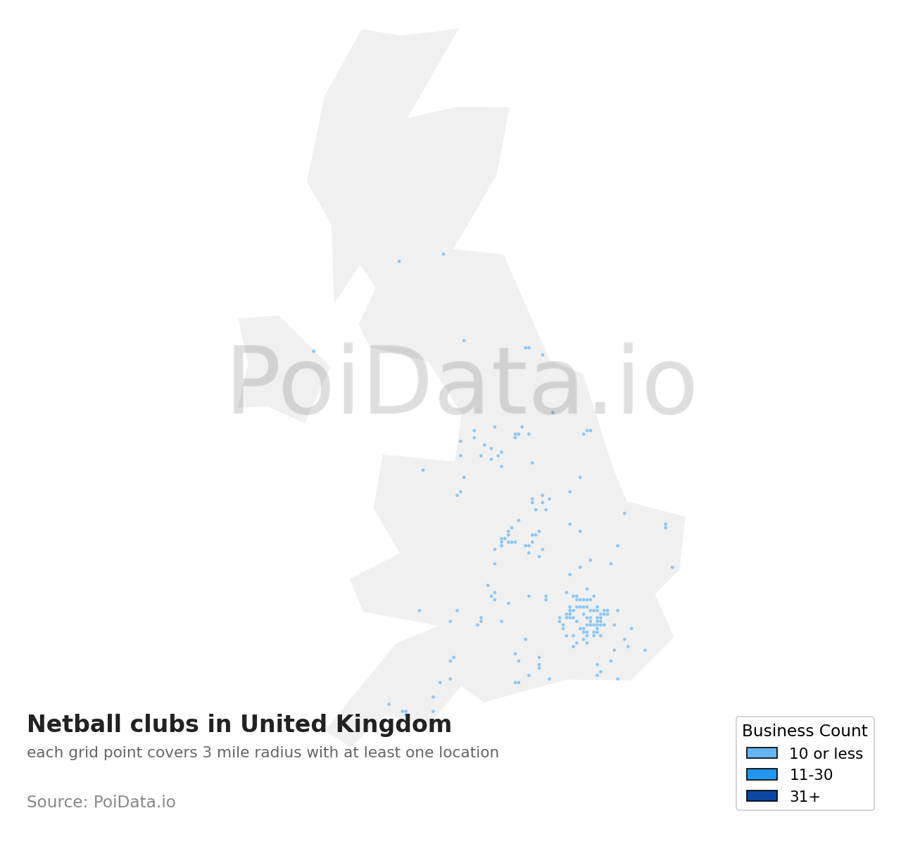 Netball club density map for United Kingdom