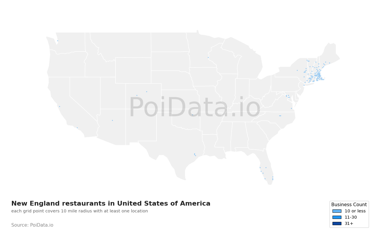 New England restaurant density map for United States