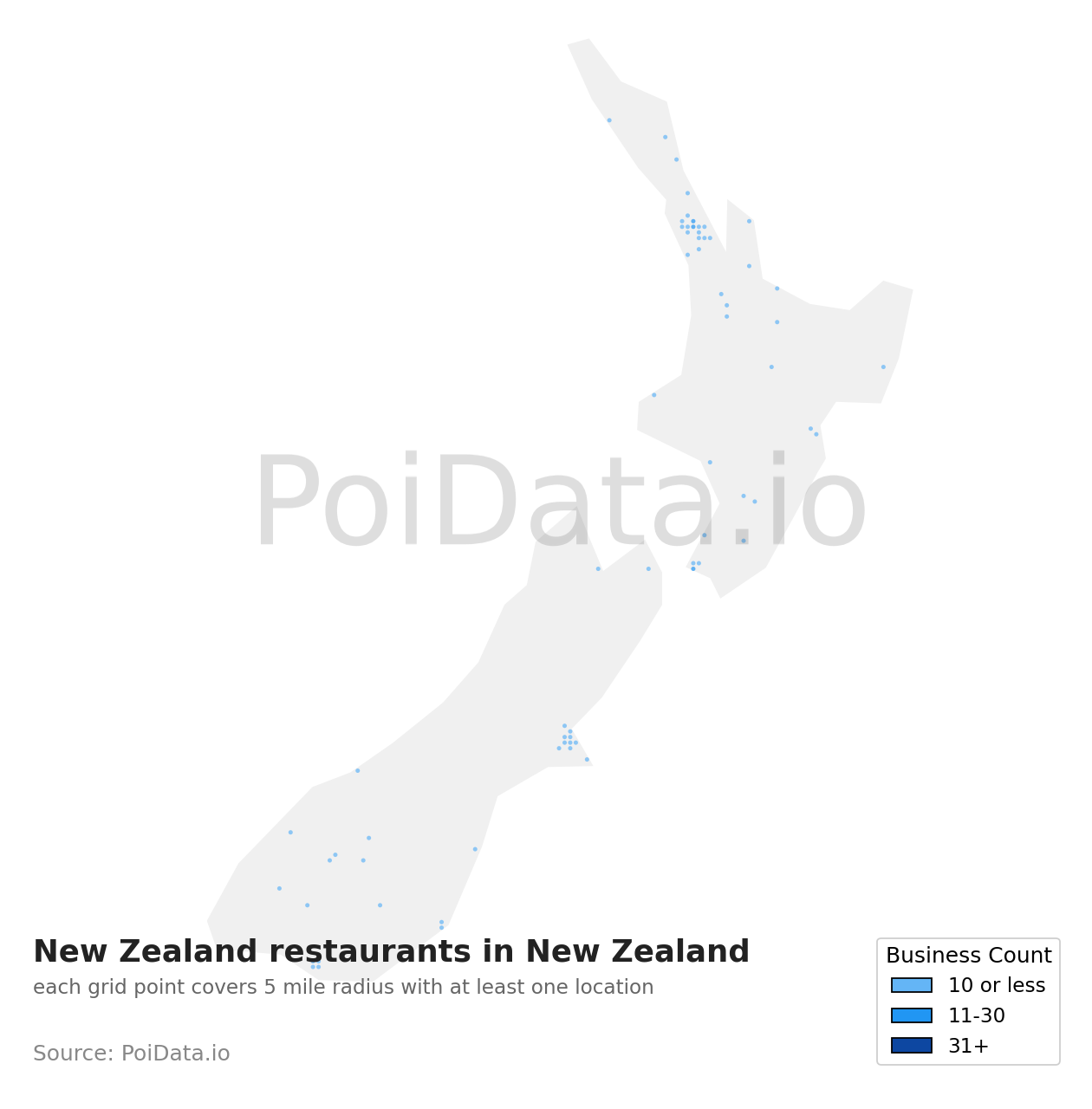 New Zealand restaurant density map for New Zealand