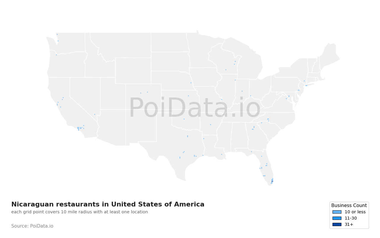 Nicaraguan restaurant density map for United States