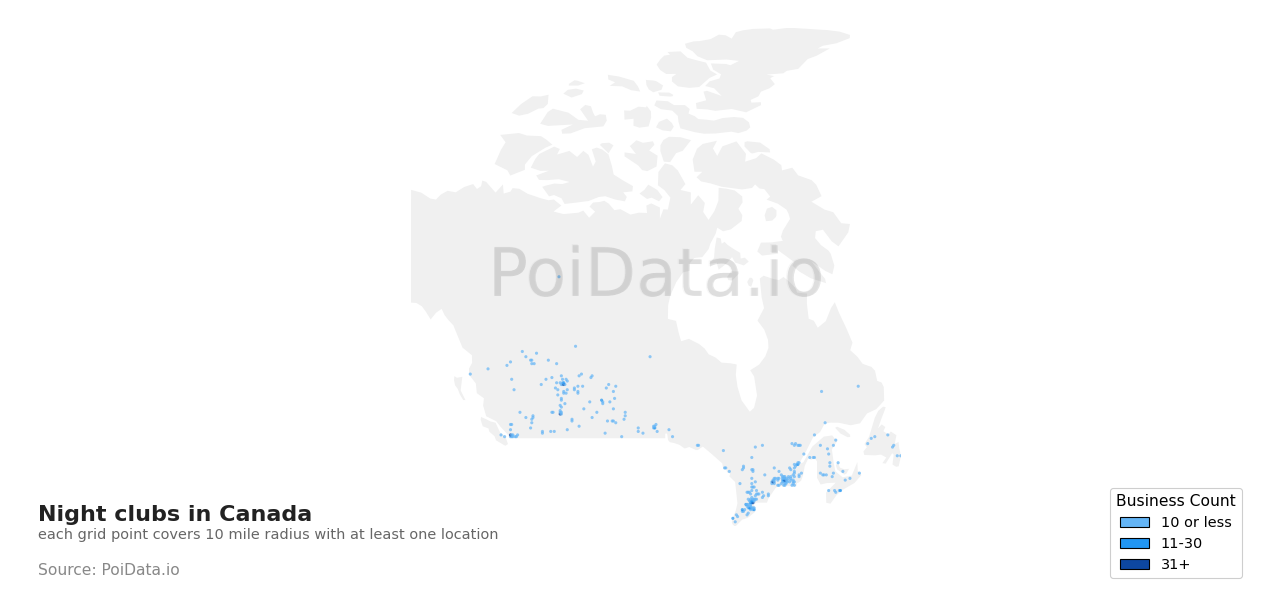 Night club density map for New Brunswick, Canada