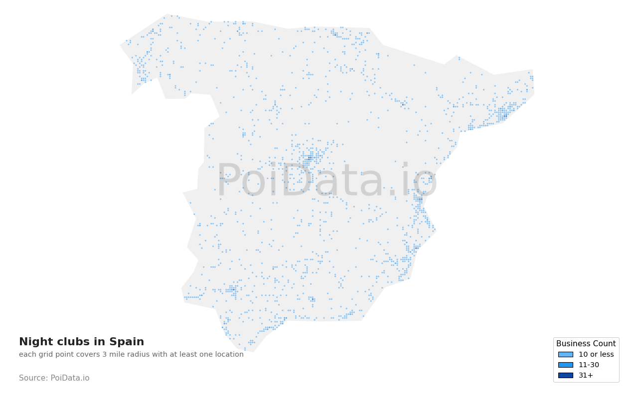 Night club density map for Spain