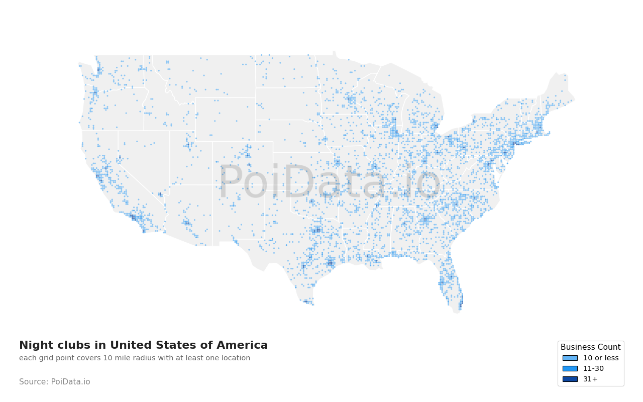 Night club density map for Louisiana, United States