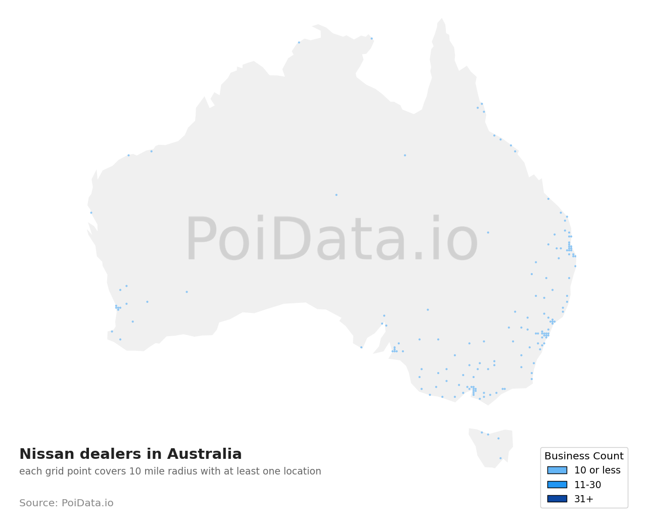 Nissan dealer density map for Australia