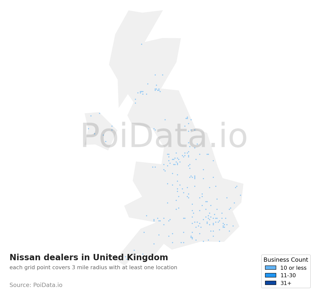 Nissan dealer density map for United Kingdom