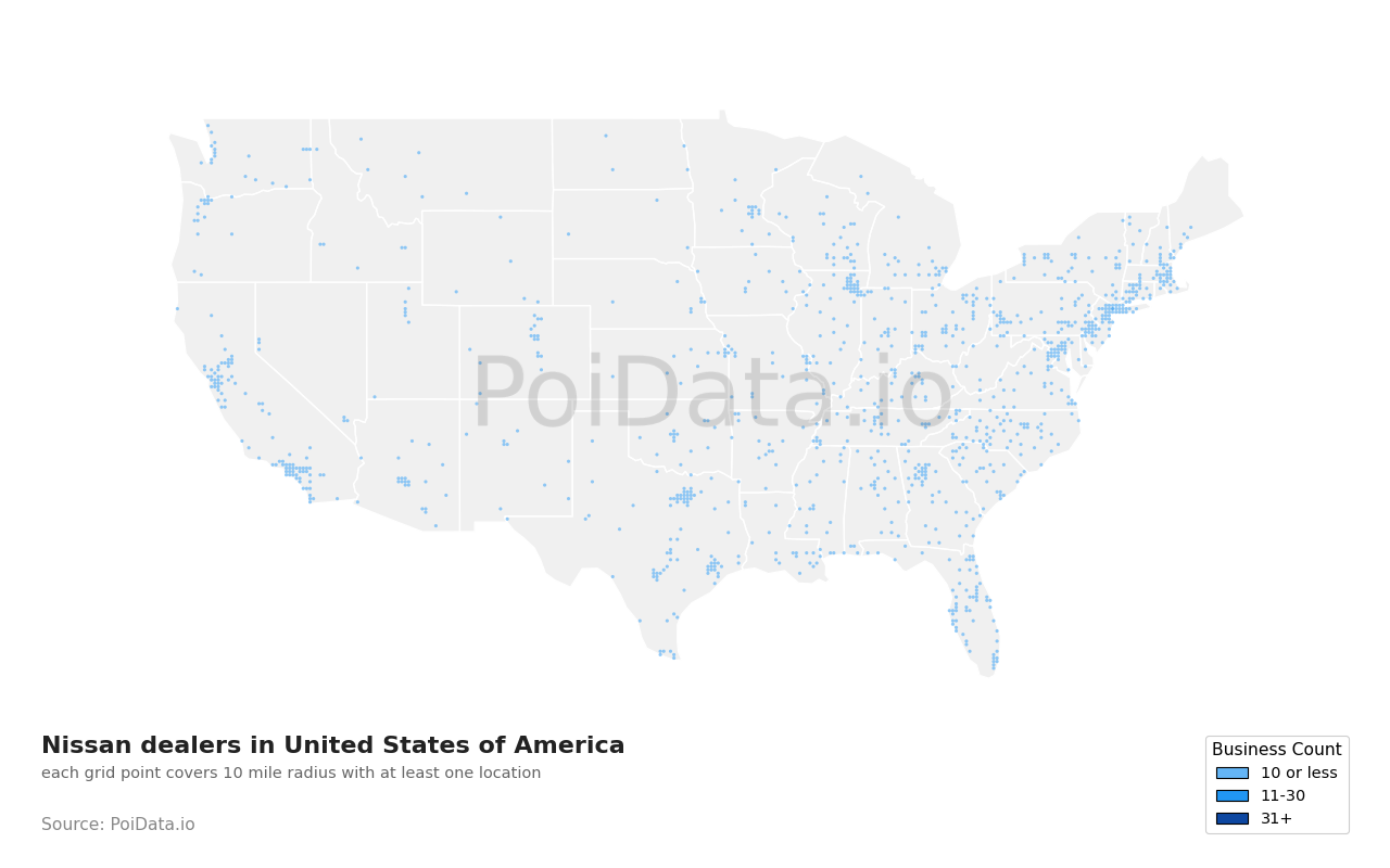 Nissan dealer density map for Texas, United States