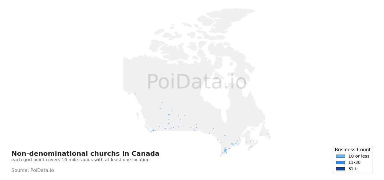 Non-denominational church density map for British Columbia, Canada