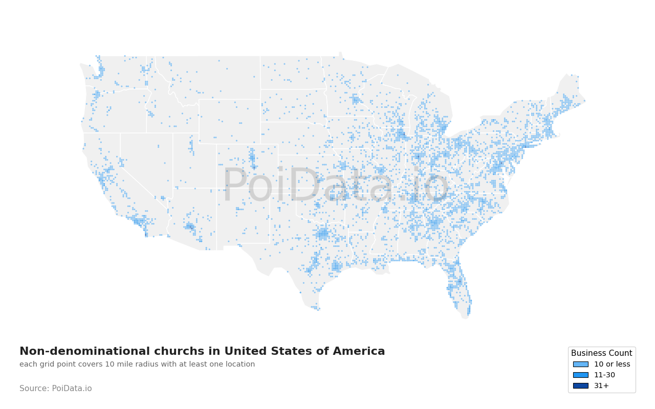 Non-denominational church density map for Missouri, United States