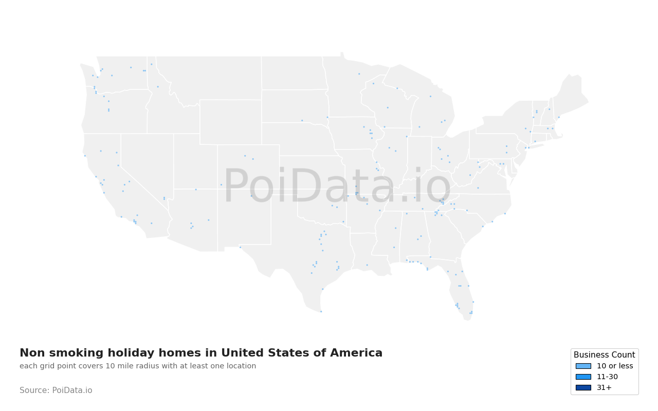 Non smoking holiday home density map for United States