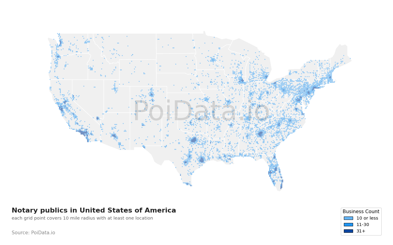Notary public density map for Florida, United States