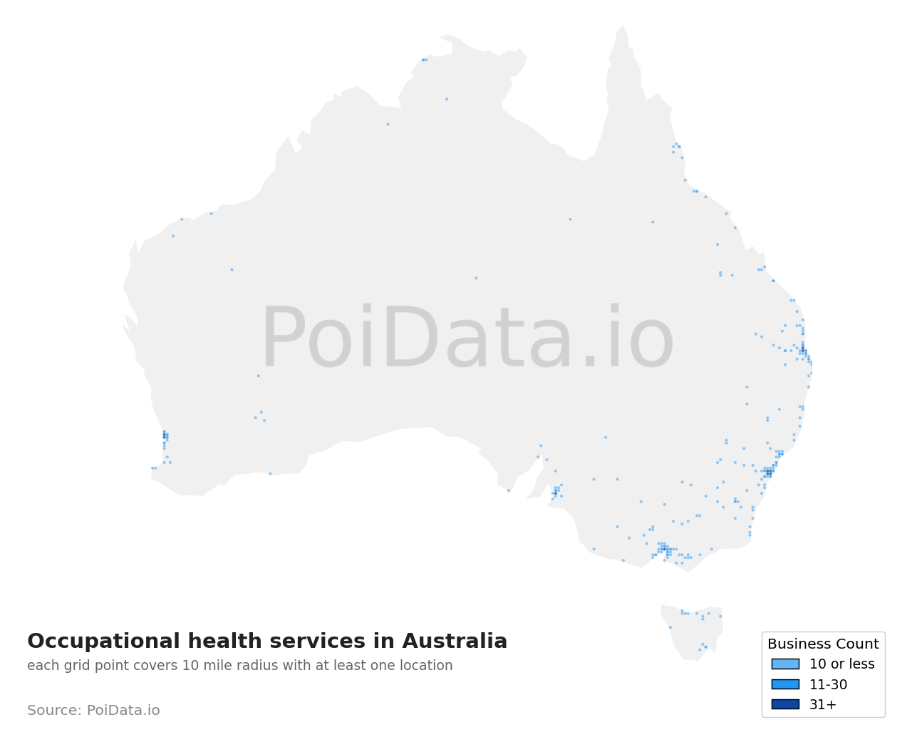 Occupational health service density map for TAS, Australia