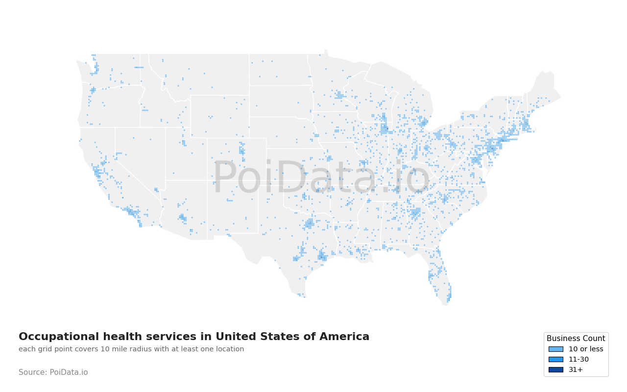 Occupational health service density map for Florida, United States