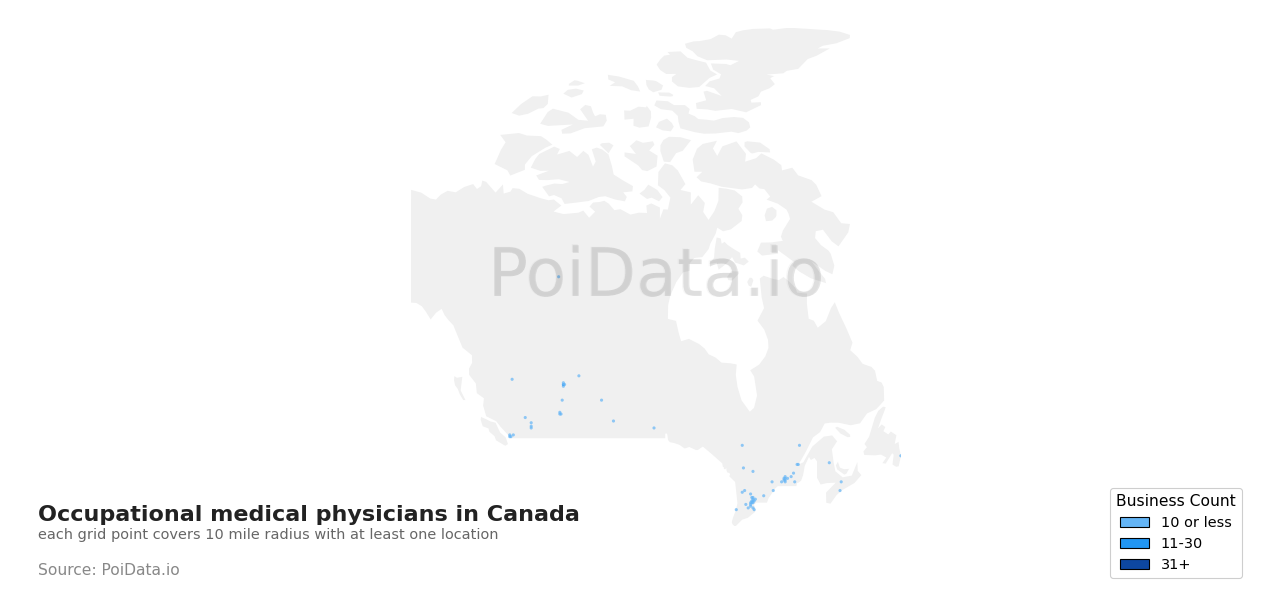 Occupational medical physician density map for Ontario, Canada