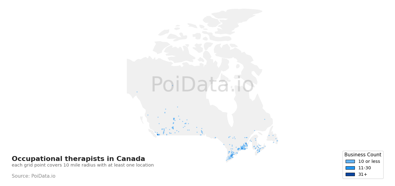 Occupational therapist density map for Canada
