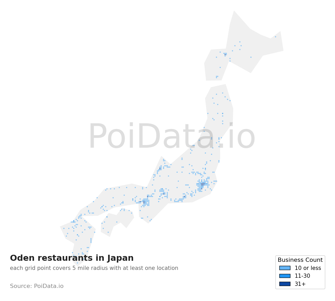 Oden restaurant density map for Japan