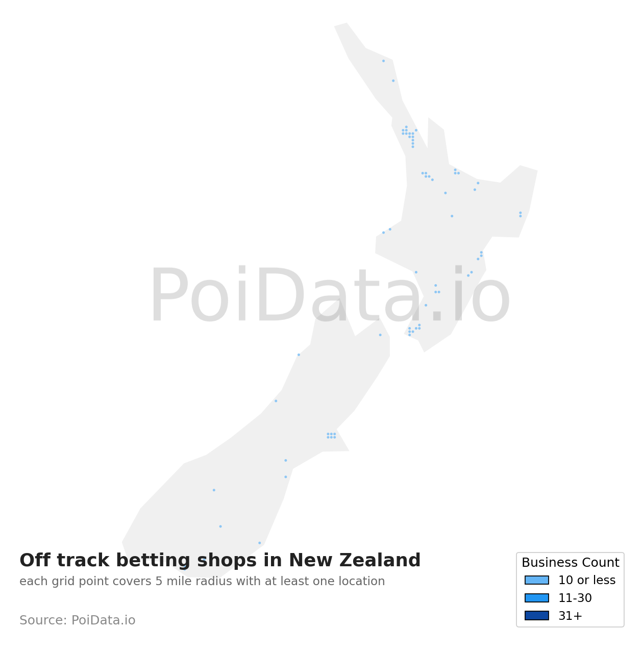 Off track betting shop density map for New Zealand